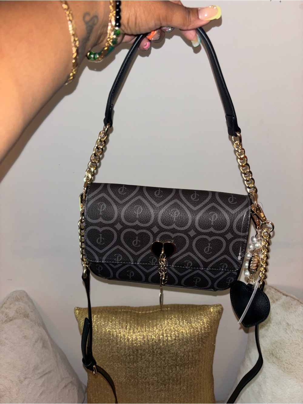 Juicy Couture Brown Heart-Print Shoulder Bag with Gold Chain